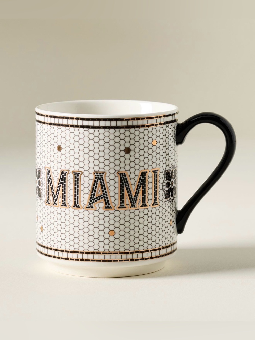 Anthropologie Bistro Tile Stoneware 24K Gold Accent JetSetter Mug NWT